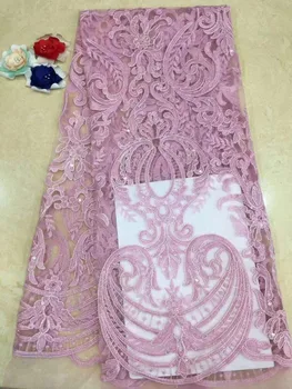 

2019 Pink African lace fabric,embroidered flower net lace,high quality Nigerian lace fabric with stone for wedding dress YYZ0993