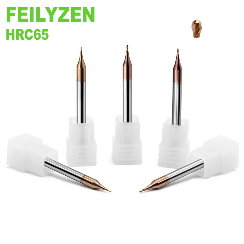 

Solid Carbide Micro Ball Nose End Mill R0.15/0.2/0.25/0.3/0.35/0.4/0.45mm Radius 50MM Lenght HRC65 AiTIN Coating 2 Flutes