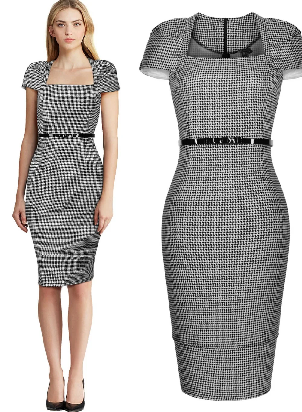 Ladies Gingham Check OL Office Business Tea Dress Bodycon Dresses ...