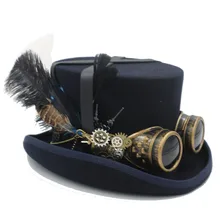 Женская и Мужская шерстяная шляпа ручной работы в стиле стимпанк с паровыми очками в стиле панк с перьями, фетровая шляпа для костюмированной вечеринки, вечерние шляпы в стиле стимпанк