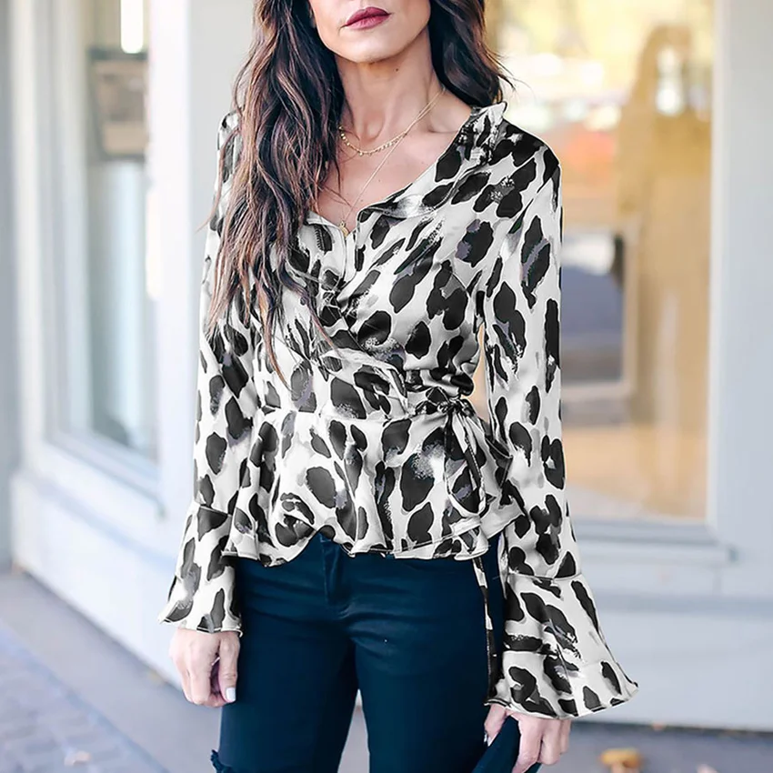 

Sexy Print Leopard Shirts Tops Women Summer Vintage V-Neck Female Casual Plus Size Shirt Lace-Up Beach Chiffon Blouse For Ladies