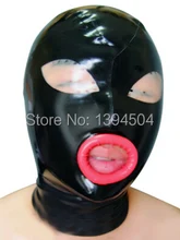 2016 New Bodystocking Bodysuit Latex Mask Hood Fetish black Women Men unisex Sexy Hoods Red Crimping Mouth Plus Size Hot Sale