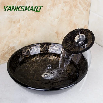 

YANKSMART Totem Round Washbasin Lavatory Vessel Glass Bathroom Basin Sink & Chrome Waterfall Faucet Mixer Tap With Drain Set