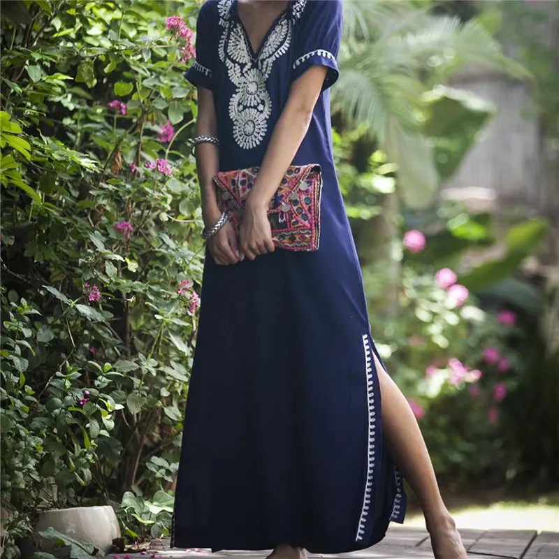 

Maxi Boho Embroider Cotton Beach Dress Robe Longue Boheme Women Bodycon Elegant dress Vestidos Verano 2019 Sexy Lady Blue Dress