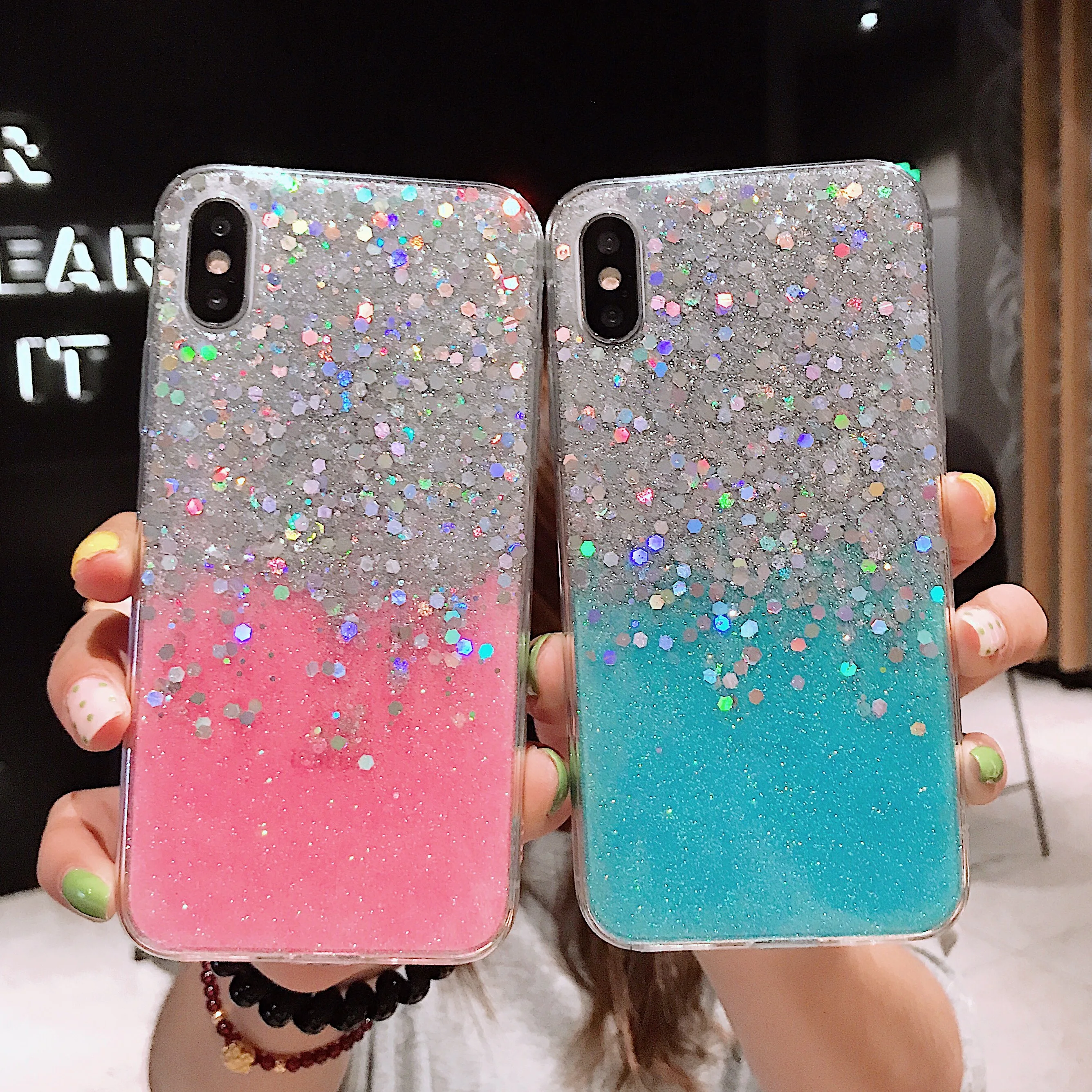 С сияющими блестками чехол из термопластичного полиуретана для iPhone XS Max XR XS X 7 8 Plus прозрачный мягкий, симпатичный, из ТПУ на заднюю панель для телефона чехол подарки