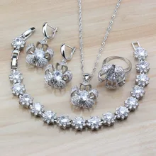 925 пробы, серебряные свадебные ювелирные наборы, белый циркон, висячие серьги/ожерелье/браслет/кольцо для женщин, наборы костюмов