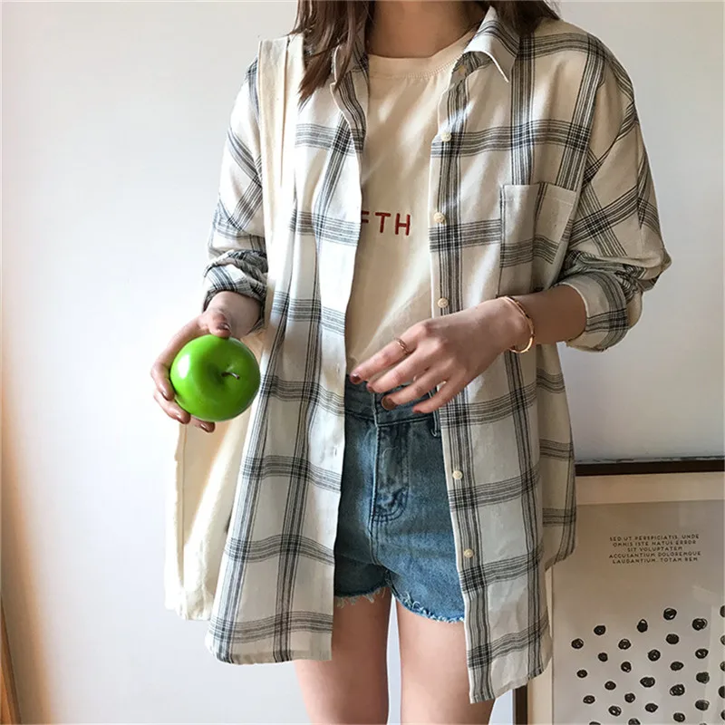 Pink women plaid blouse shirt 2019 SpringWomen Office Air Conditioner Blouse Shirt Female Loose Outerwear Casual Pocket Shirts (20)