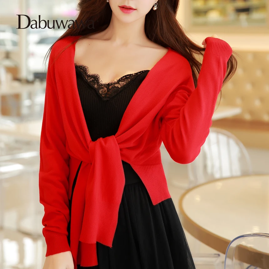 Dabuwawa Black Red Casual Short Cardigan Sweater Women Loose Sweaters