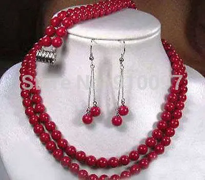 

LHX54012>>2 rows Tibet red coral necklace earring bracelet set