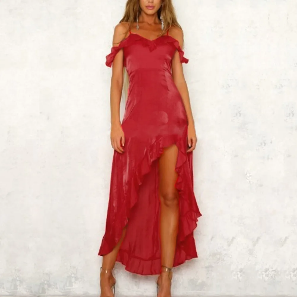 

Women Irregular Ruffle Strap Off Shoulder long dress Backless High-low Elegant Maxi Dress summer dress 2019
