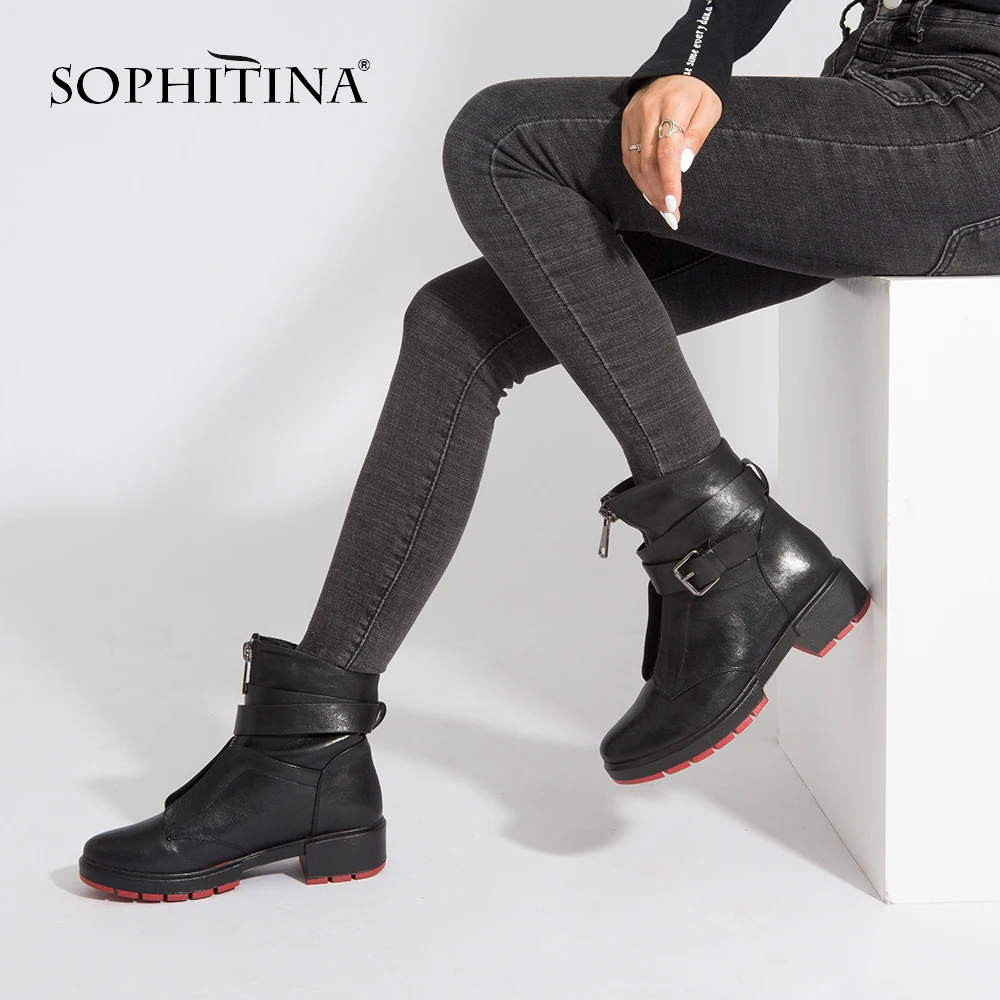 SOPHITINA/классические женские ботинки из натуральной овечьей кожи; теплые короткие плюшевые ботильоны на квадратном каблуке в стиле ретро; женская обувь с пряжкой на ремешке; M46