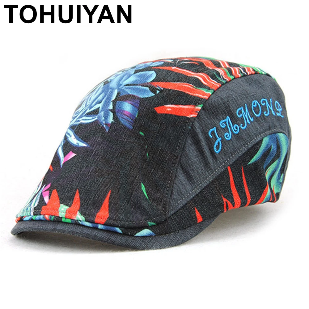 

TOHUIYAN Men Women Floral Printed Newsboy Cap Spring Summer Baker Duckbill Visor Hat Couples Boina Gorras Planas Flat Beret Caps