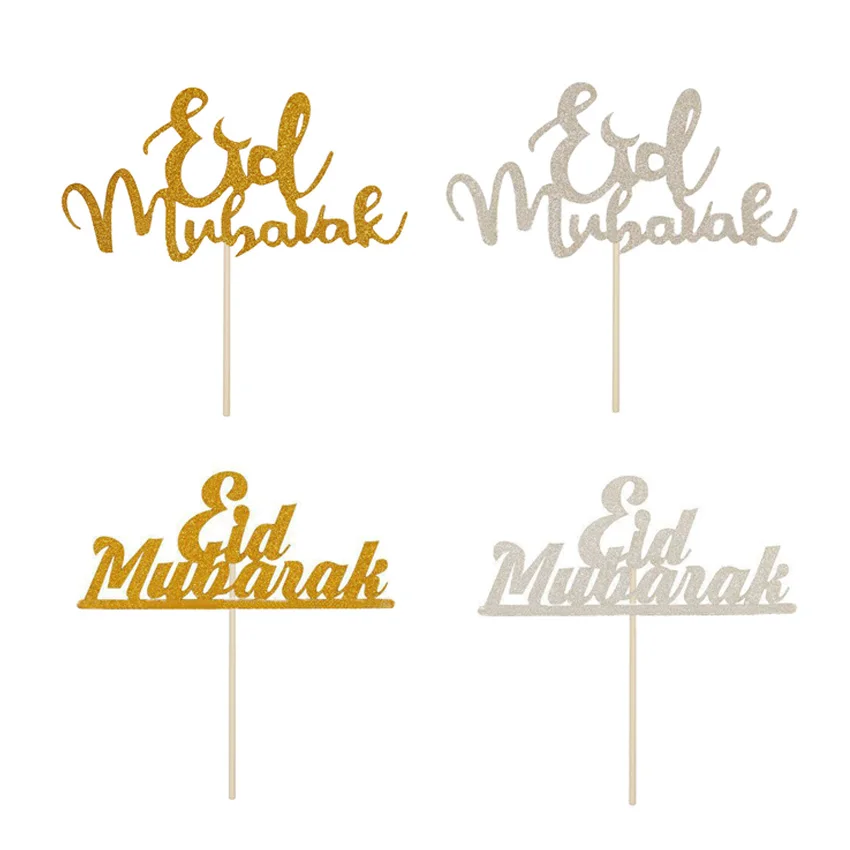 

5Pcs Eid Mubarak glitter cupcake toppers, Gold Silver Muslim Eid party decoration, food treat fruit picks, Eid Party Supplies