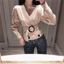 Элегантный Приталенный свитер с поясом, кардиган для женщин, v-образный вырез, двубортный, вязаный, открытый шов, Повседневный, тонкий джемпер, осень