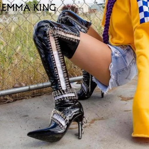 

Fashion Black Over The Knee Boots High Heel Pointy ToeBotas Mujer Knight Biker Heels Trendy Shoes Woman Heels Ladies Plus Size
