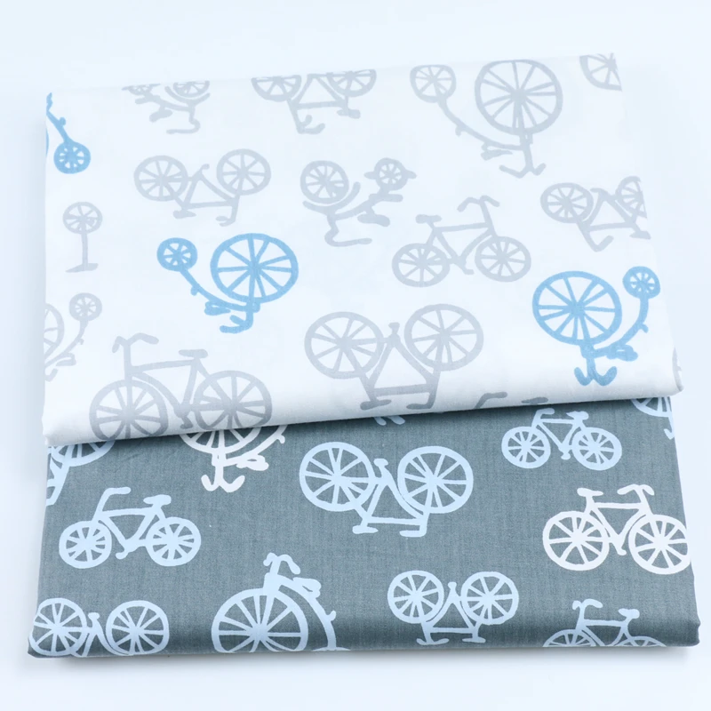 

100% cotton twill cloth cartoon white gray bicycle bike fabrics for DIY crib bedding cushions quilting handwork decoration tela