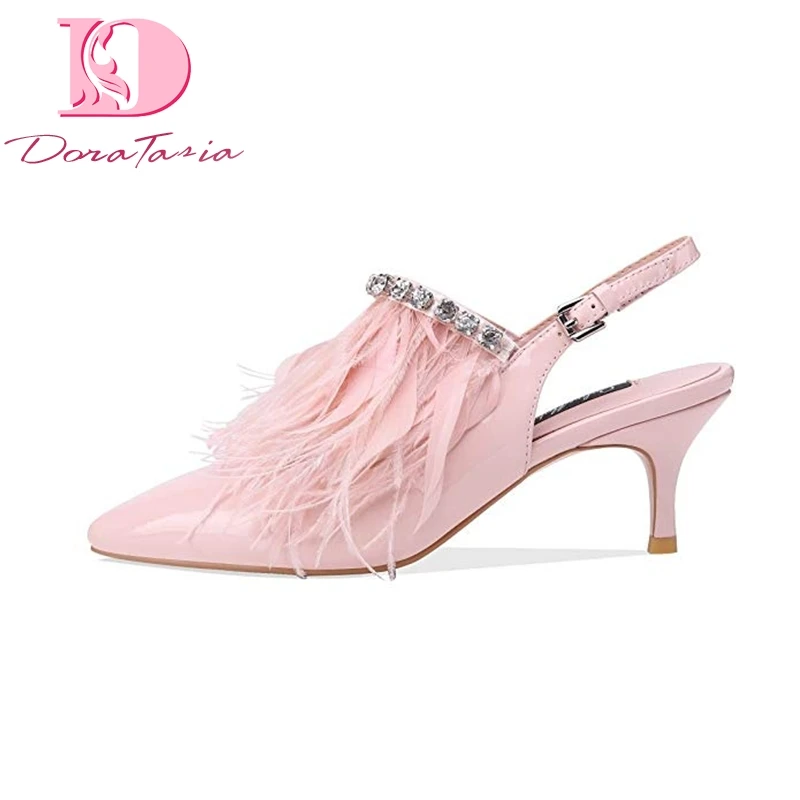 

Doratasia New Plus Size 45 Hot Sale Sweet Feather Party Shoes Woman Sexy Pointed Toe Women Summer Crystals Wedding Sandals