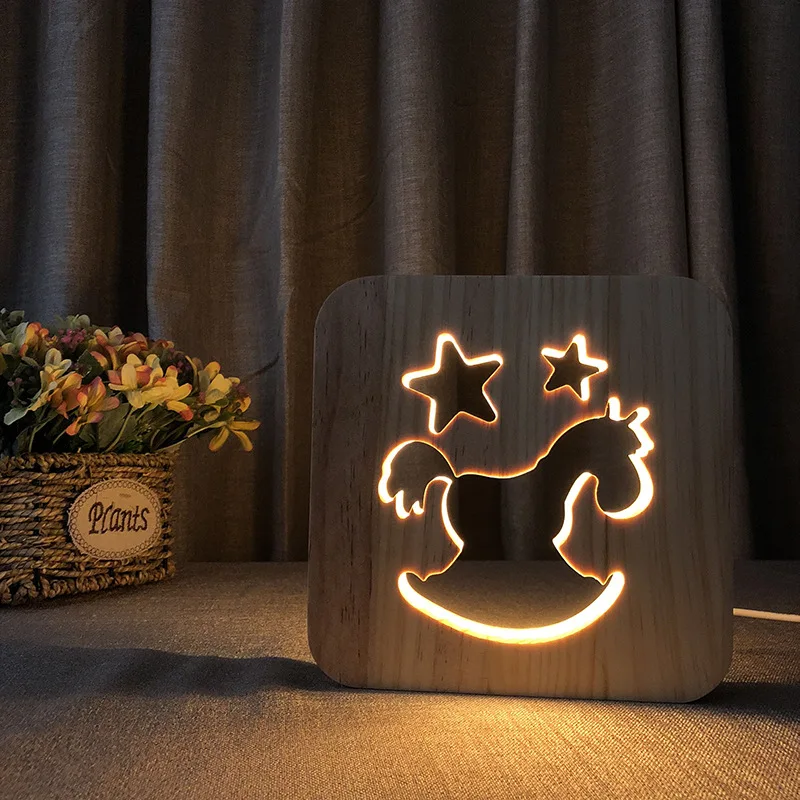 

2018 New Modern Design Optical Illusion 3D LED Lamp as Home Decor Bedroom Night Light Wooden Horse LED Lighting Gift IY801101-85