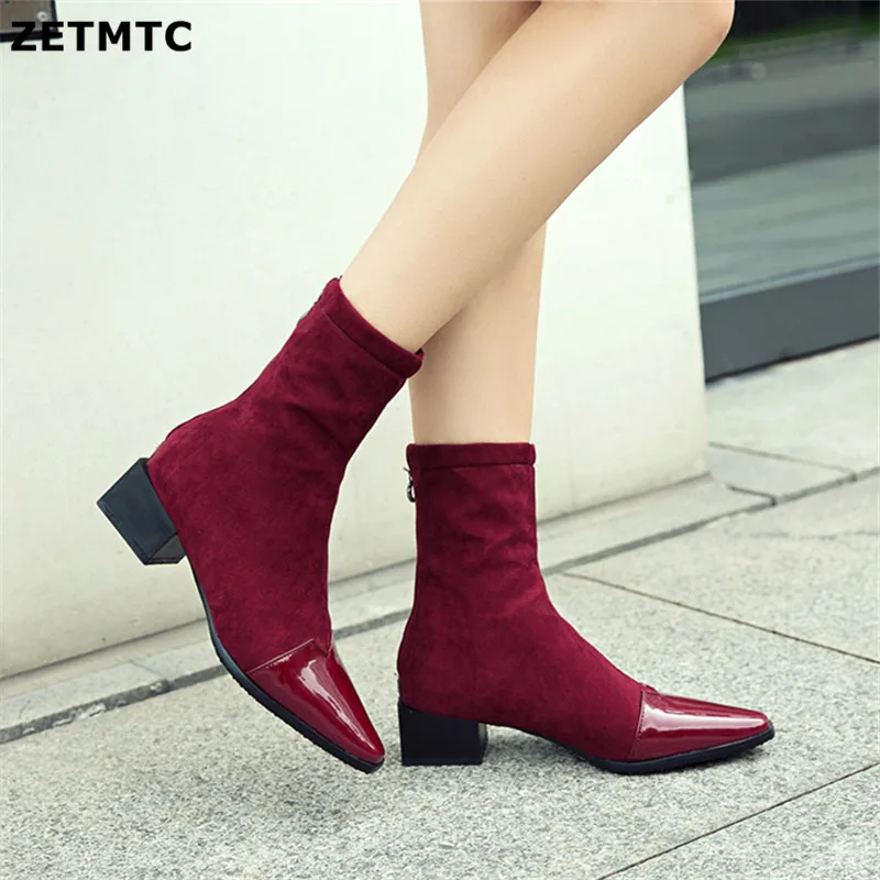 

ZETMTC Women's Boots Pointed Toe Yarn Elastic Ankle Boots Thick Heel High Heels Shoes Woman Female Socks Boots 2019 Autumn
