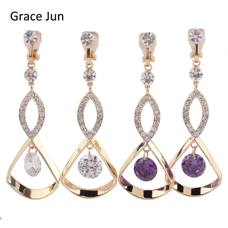 Grace Jun High Quality Rhinestone CZ Long Gold Color Clip on Earrings