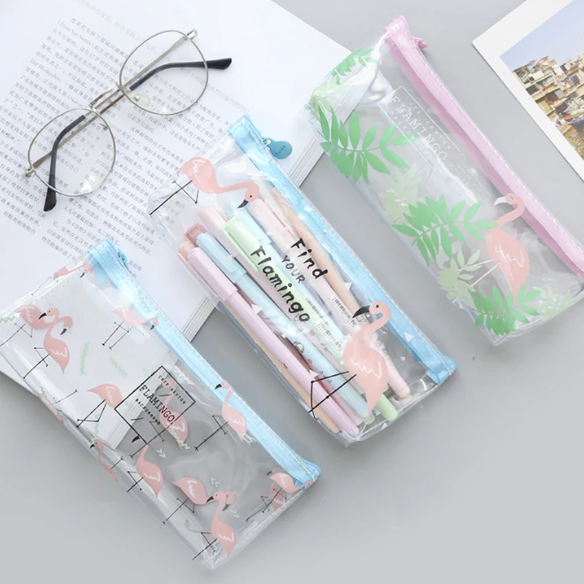 

1Pcs/lot Lovely Small Fresh Flamingo Transparent Pencil Bag Storage bag pen Pouch School Supplies Stationery