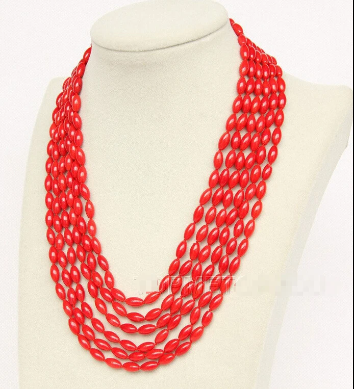 

Wonderful 6rows 5X8mm rice shape red CORAL necklace e2458^^^@^Noble style Natural Fine jewe fast SHIPPING