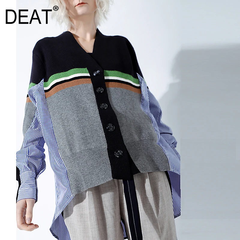 

[DEAT] 2019 New Spring Winter V-collar Long Sleeve Black Spit Joint Striped Irregular Hem Knitting Sweater Women Fashion JL65