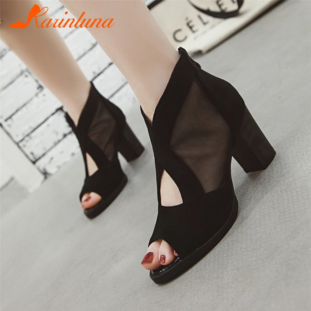 

KARINLUNA New Arrivals 2019 Peep Toe Solid Fashion Boots Woman Shoes Square Heels Zipper Shoes Woman Boots Lady Shoe
