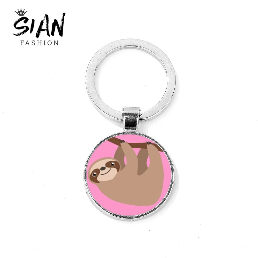 

SIAN Novelty Animal Cute Fun Sloth Key Ring Simple Cartoon Printed Glass Cabochon Pendant Keychain Gift for Best Friend Children
