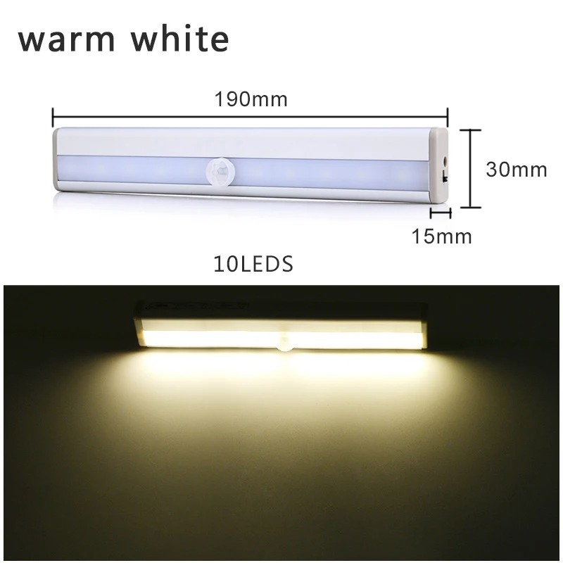 Светодиодная подсветка под шкаф PIR датчик движения лампа 6/10 светодиодный s 98/190 мм шкаф лампа для шкафа шкаф Armario кухонный ночной Светильник - Цвет: Warm White 10leds