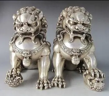 

6inch Chinese Silver Bronze Guardian Lion Foo Fu Dog Statue Pair