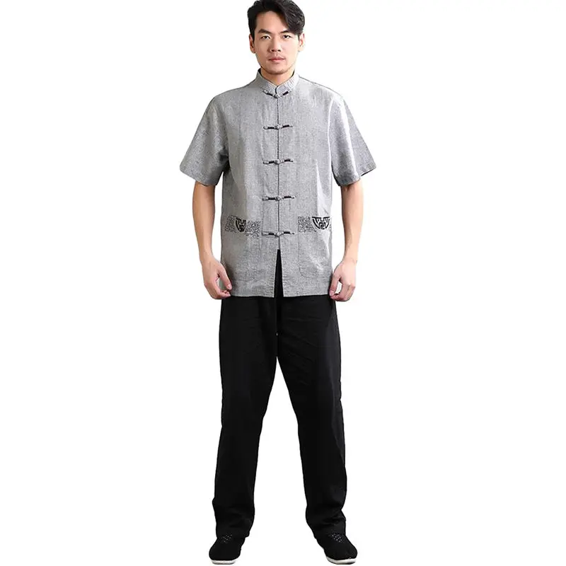 Мужские хлопковые льняные костюмы Танг Топы с коротким рукавом для единоборств рубашки дышащая одежда для кунг-фу - Цвет: white gray