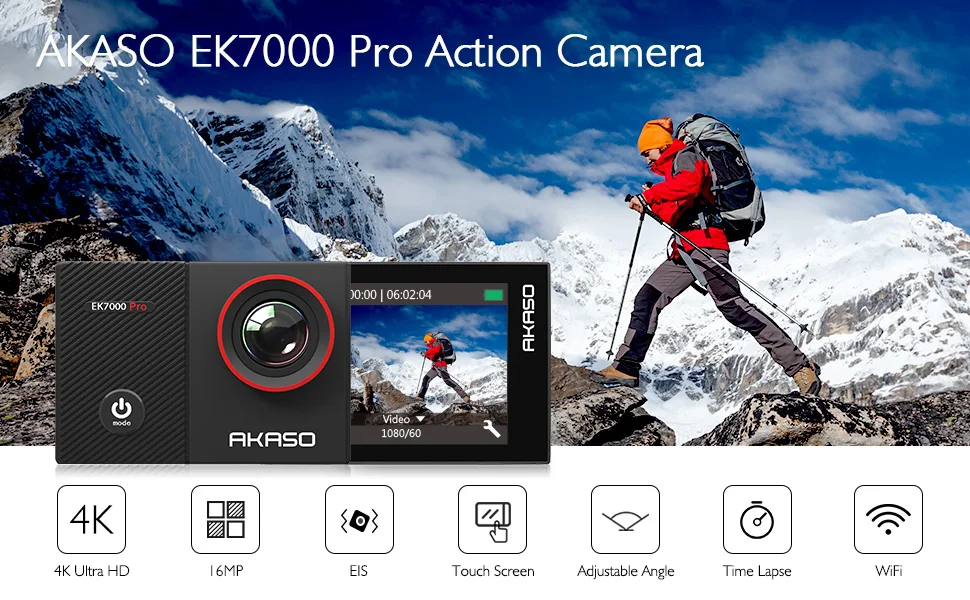 AKASO Go EK7000 Pro 4K Action Camera with Touch Screen EIS Adjustable View Angle 40m diving Camera Remote Control Sports Camera