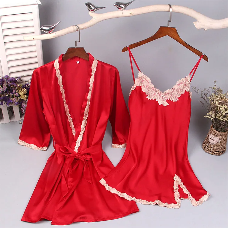 2018 new style womens nightgown two-piece set of sexy thin silk robe night skirt house home sleepwear silk braces skirt