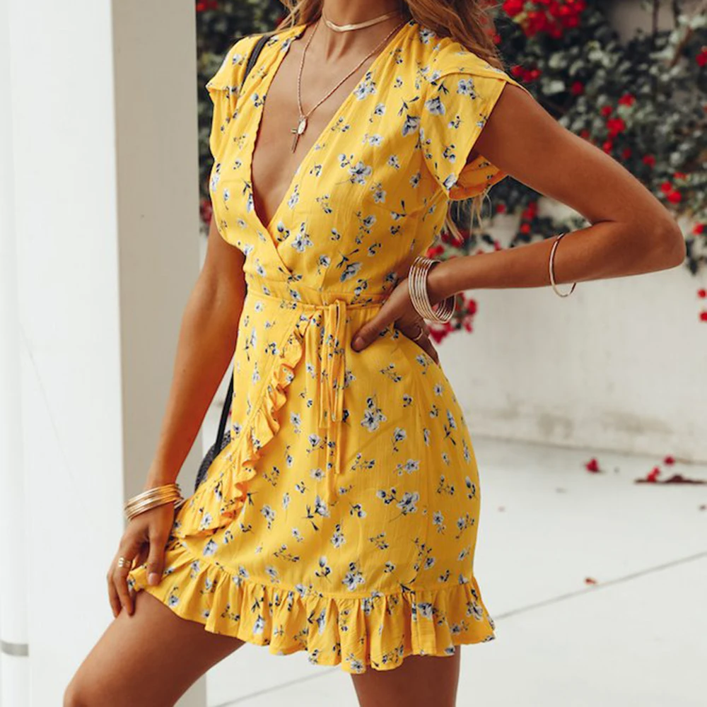 womens yellow wrap dress