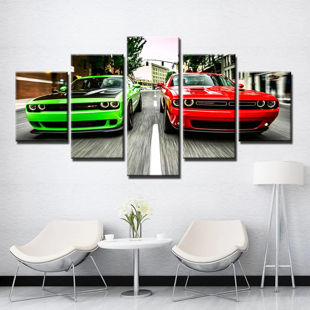 

Modern Wall Art 5 Pieces Challenger Green Red Cars Pictures HD Print Canvas Painting Home Decor Landscape Poster for Living Room