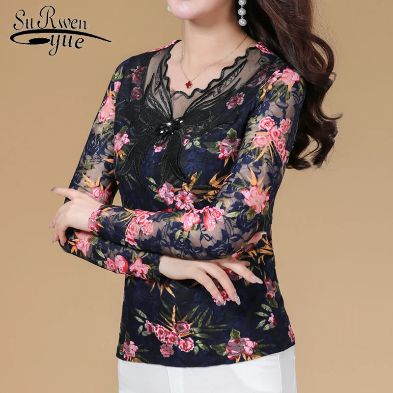 Blusas mujer de moda, кружевная блузка с низким воротником, рубашка с длинным рукавом, Женские топы и блузки, Повседневная облегающая одежда 1453 45
