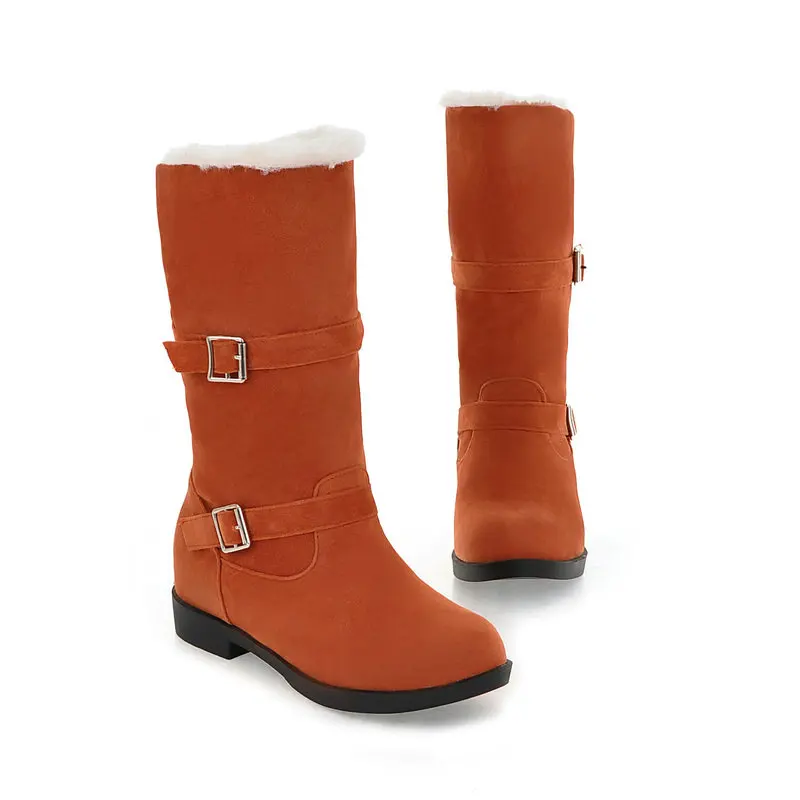 QUTAA Scrub Fashion Round Toe Casual Mid Calf Boots Buckle Comfort Low Heel Winter Warm Fur Orange Women Shoes Size 34-40 - Цвет: Оранжевый