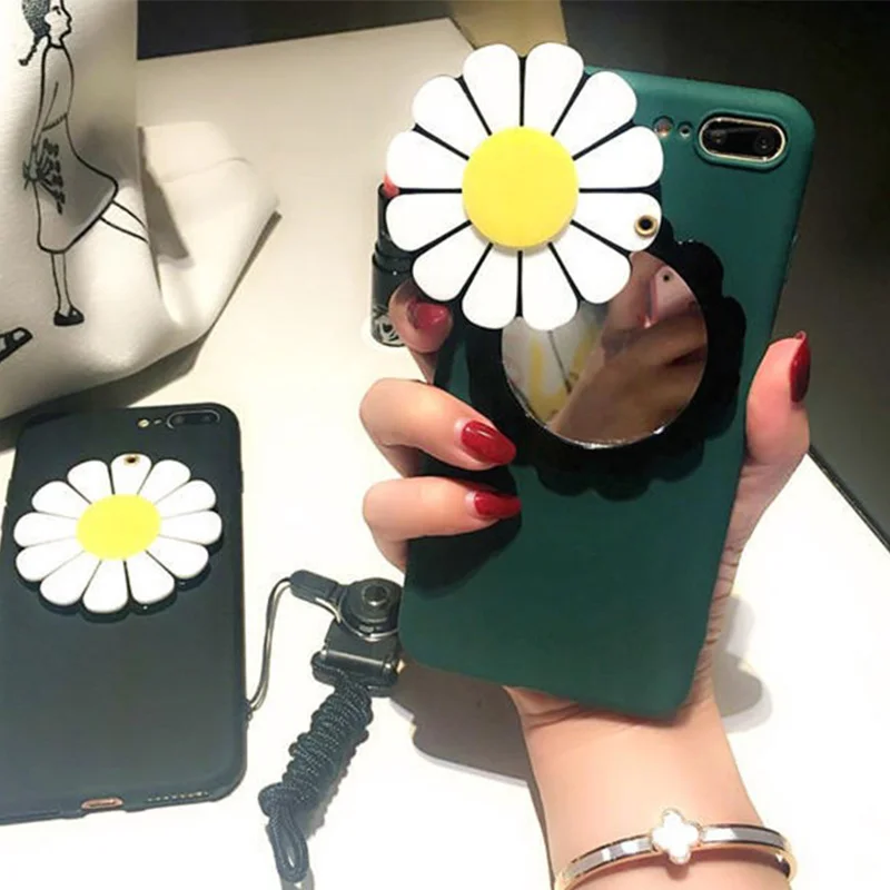 Зеркало с ромашками чехол для iPhone X 8 7 плюс Чехол Крышка хризантемами 6 6s Coque милые
