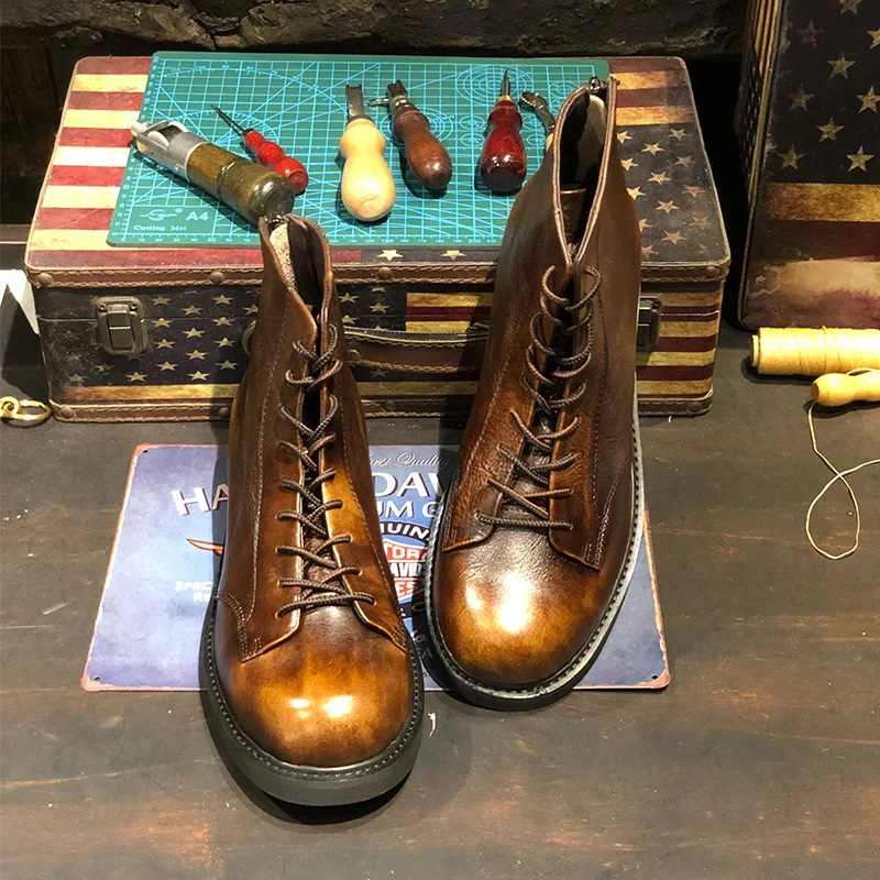 Cuero Zapatos De Tobillo Hombres Superior Tamaño Ee Estilo Marrón Alta Casuales Moto Genuino Lujo Uu Grandes Encaje Los Botas Zapatillas W0tv1Wf