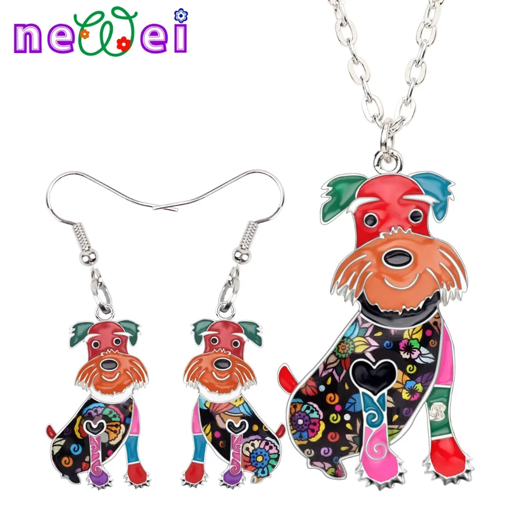 

NEWEI Enamel Alloy Happy Schnauzer Dog Earrings Necklace Collar Sweet Animal Jewelry Sets For Women Girls Gift Charms Decoration