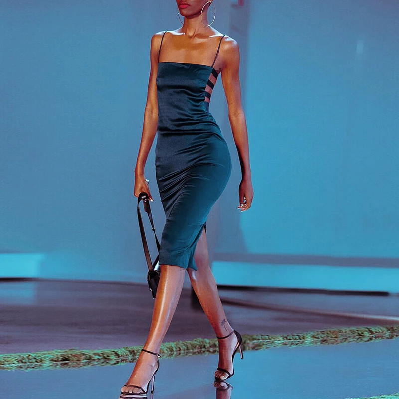 

2019 Newest Fashion Blue Women Dress Summer Spaghetti Strap Bodycon Midi Hollow Out Sexy Club Party Dresses Vestidos Wholesale