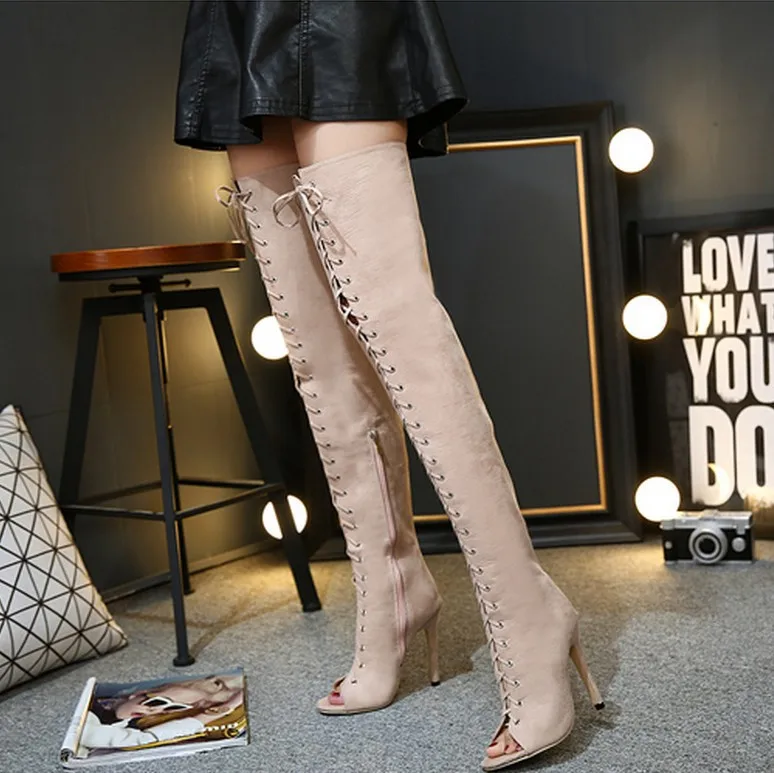 Известный бренд; высокие сапоги до бедра на шнуровке; женские ботфорты на высоком каблуке с открытым носком; коллекция года; bottes cuissardes; пикантные высокие сапоги