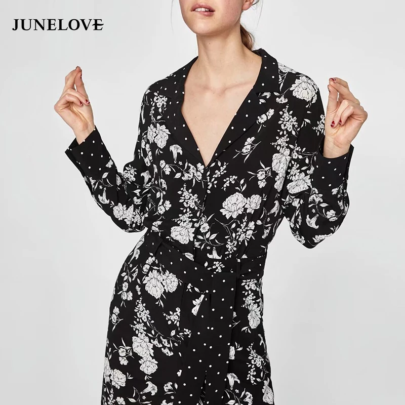 

JuneLove 2019 spring women full length casual rompers print fashion ladie floral jumpsuits sashes female empire rompers