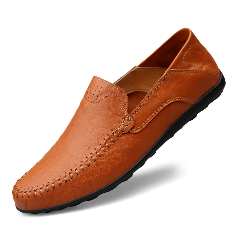 Мужская повседневная обувь из натуральной кожи; люксовый бренд; коллекция года; мужские лоферы; мокасины; дышащая обувь без шнуровки; Цвет Черный; обувь для вождения; большие размеры 37-47 - Цвет: Red brown