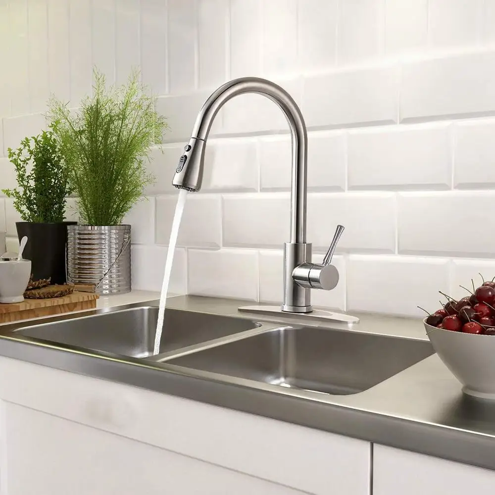 MOIIO Kitchen Faucets with Pull Down Sprayer Stainless Steel Brushed Nickel, Hot & Cold Water Kitchen Sink Faucet with Nozzle MOIIO Kitchen Faucets with Pull Down Sprayer Stainless Steel Brushed Nickel, Hot & Cold Water Kitchen Sink Faucet with Nozzle