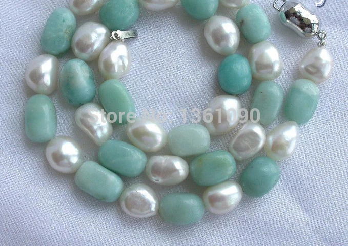 

00574 stunning big 13mm baroque white freshwater pearl aquamarine necklace