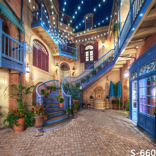 

10x10FT Blue Stairs Balcony Showcase Villa Suite House Night Light Custom Photography Studio Backdrop Backgrounds Vinyl 8x8 8x10