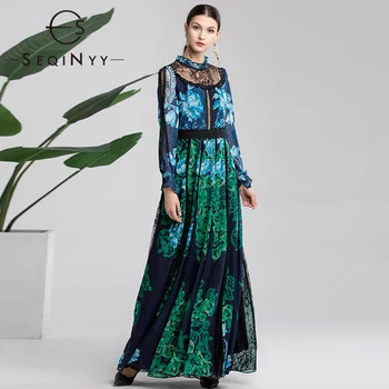 

SEQINYY Chiffon Dress 2019 Summer Spring New Fashion Design Long Flare Sleeve Lace Spliced Blue Green Flowers Print Long Dress