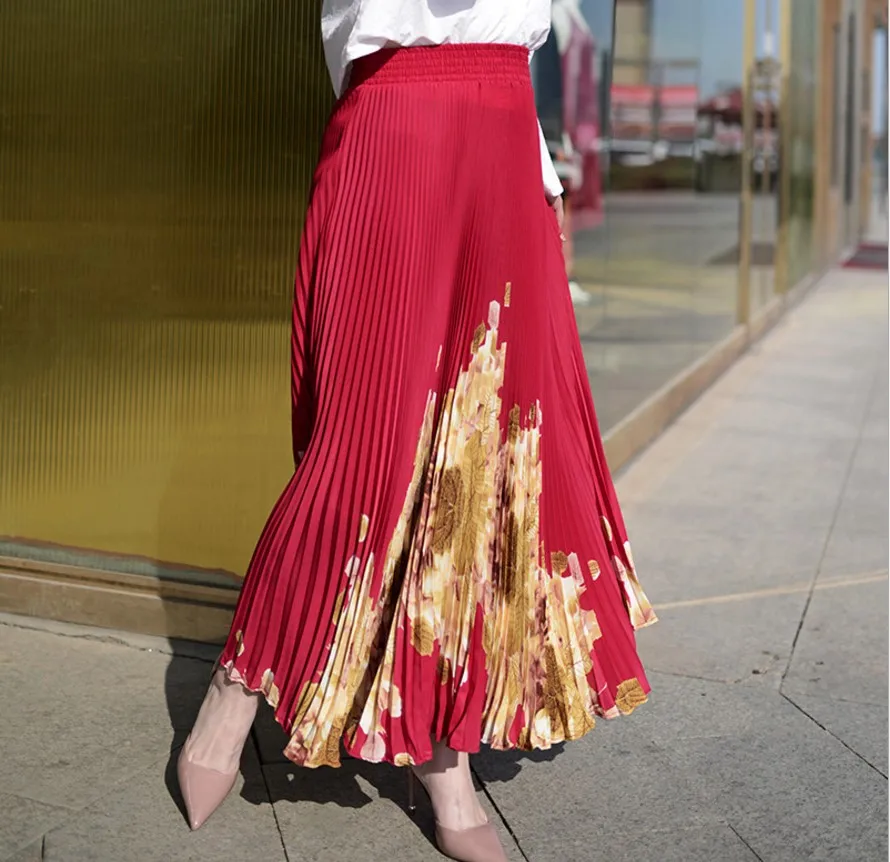 GTGYFF стрейч Высокая талия Макси длинное flare Онлайн плиссе зонтик шифоновая юбка для женщин винтажные юбки с цветочным рисунком женские красный черный